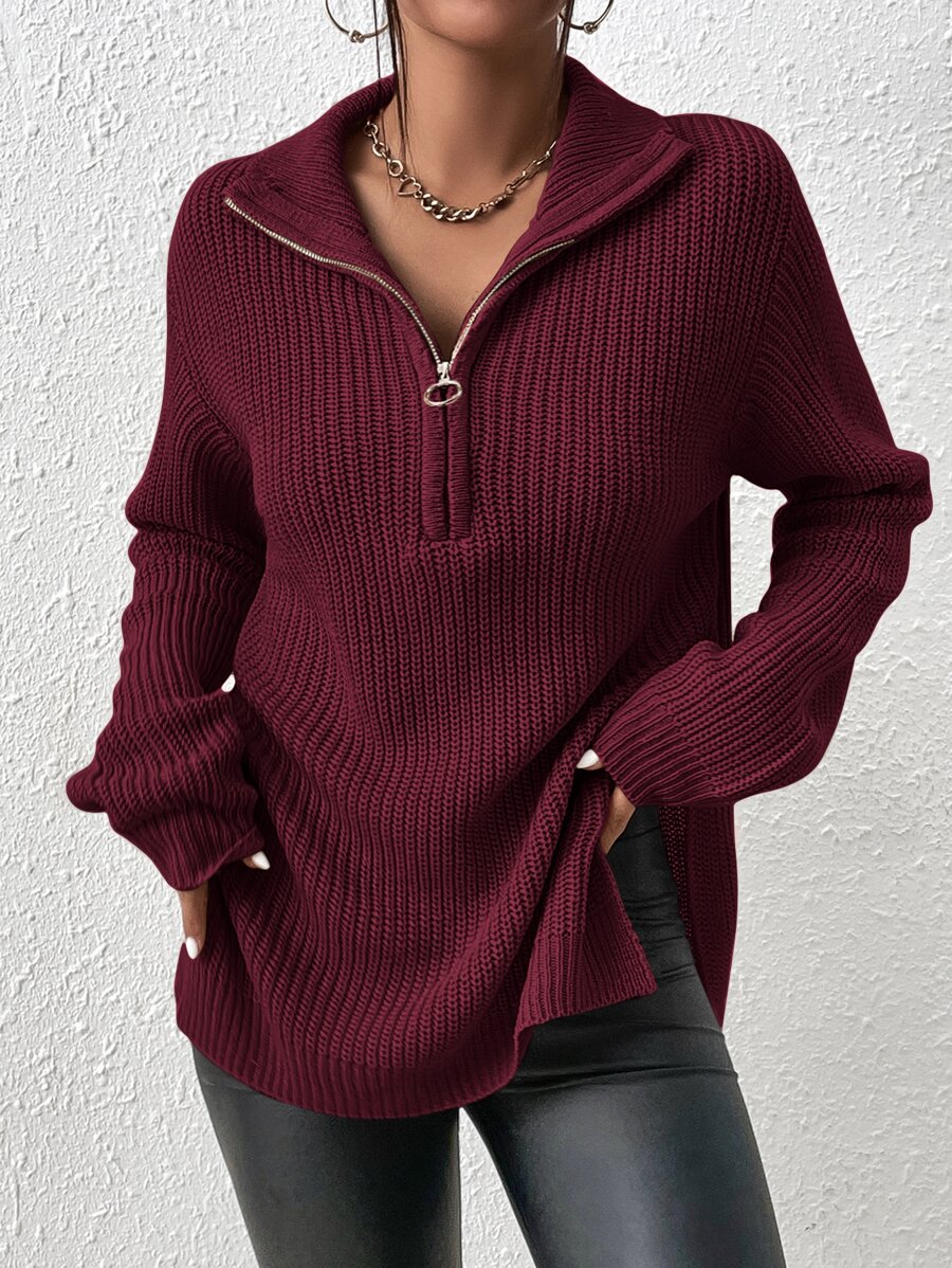 SHEIN Frenchy Half Zip Ribbed Knit Drop Shoulder Split Hem Sweater,Long Sleeve Tops