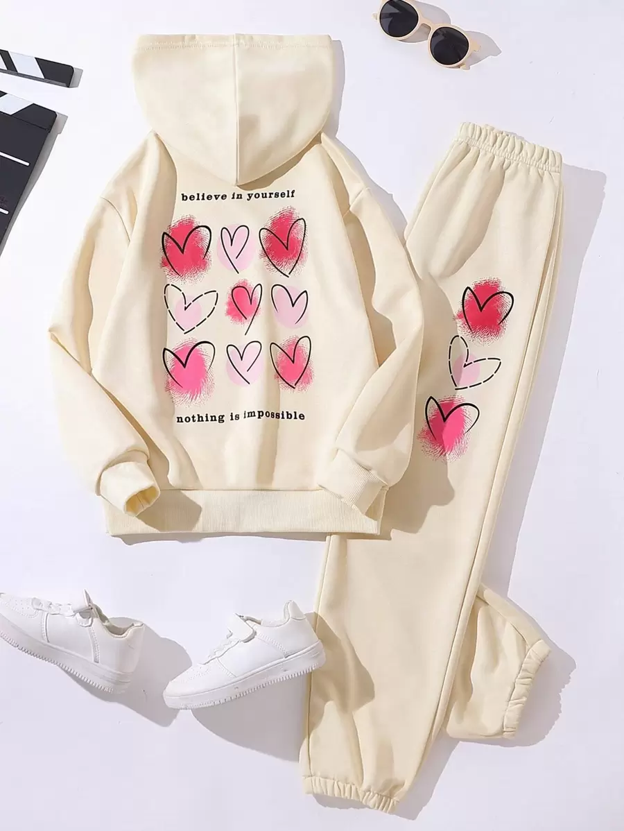 Sudadera Con Capucha Y Pantalones Deportivos Gráficos Con Corazón Y Eslogan Para Chica Adolescente