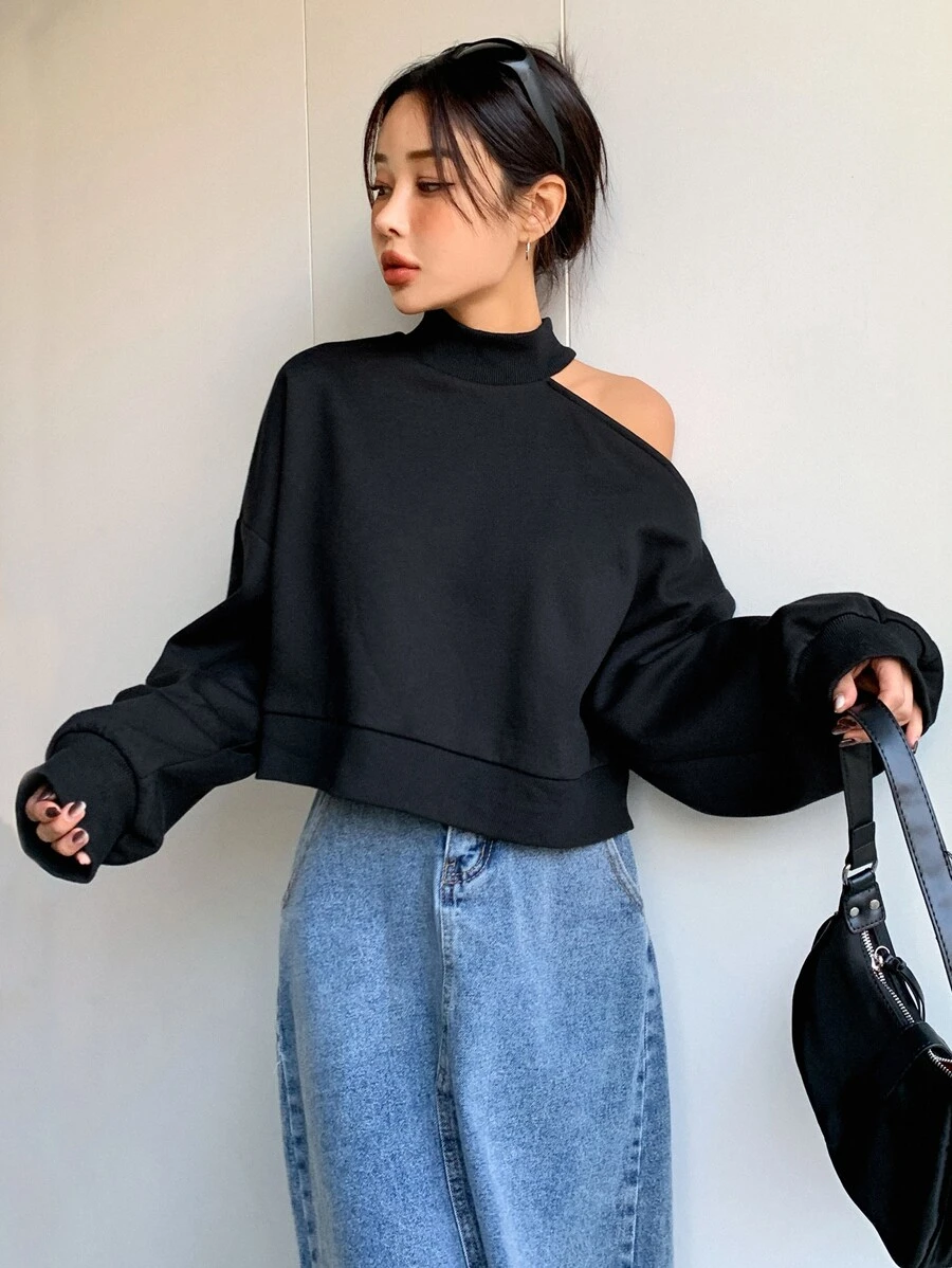 DAZY Mock Neck Cut Out Drop Shoulder Crop Sweatshirt,Long Sleeve Tops,Fall Women Clothes