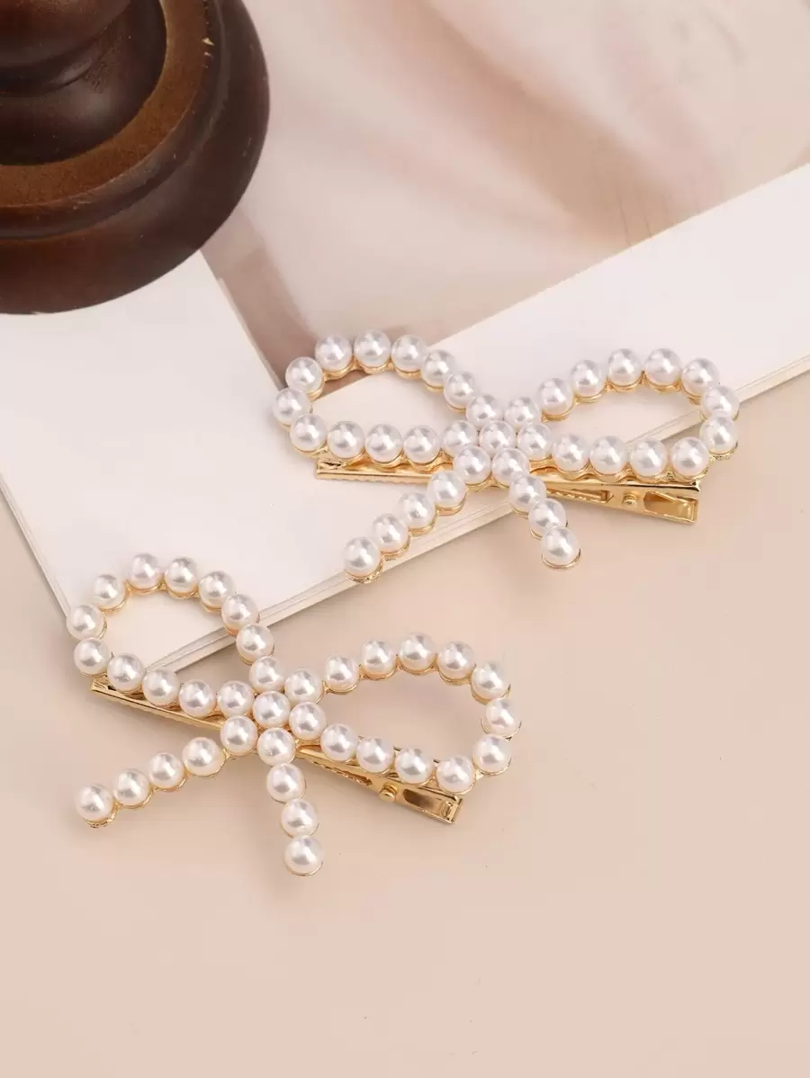 2pcs Elegant & Fashionable Side Pearl Bow Hair Clips, Versatile Sweet Ornament Accessories For All Seasons Claw Clips Hair Claws Hair Barrettes