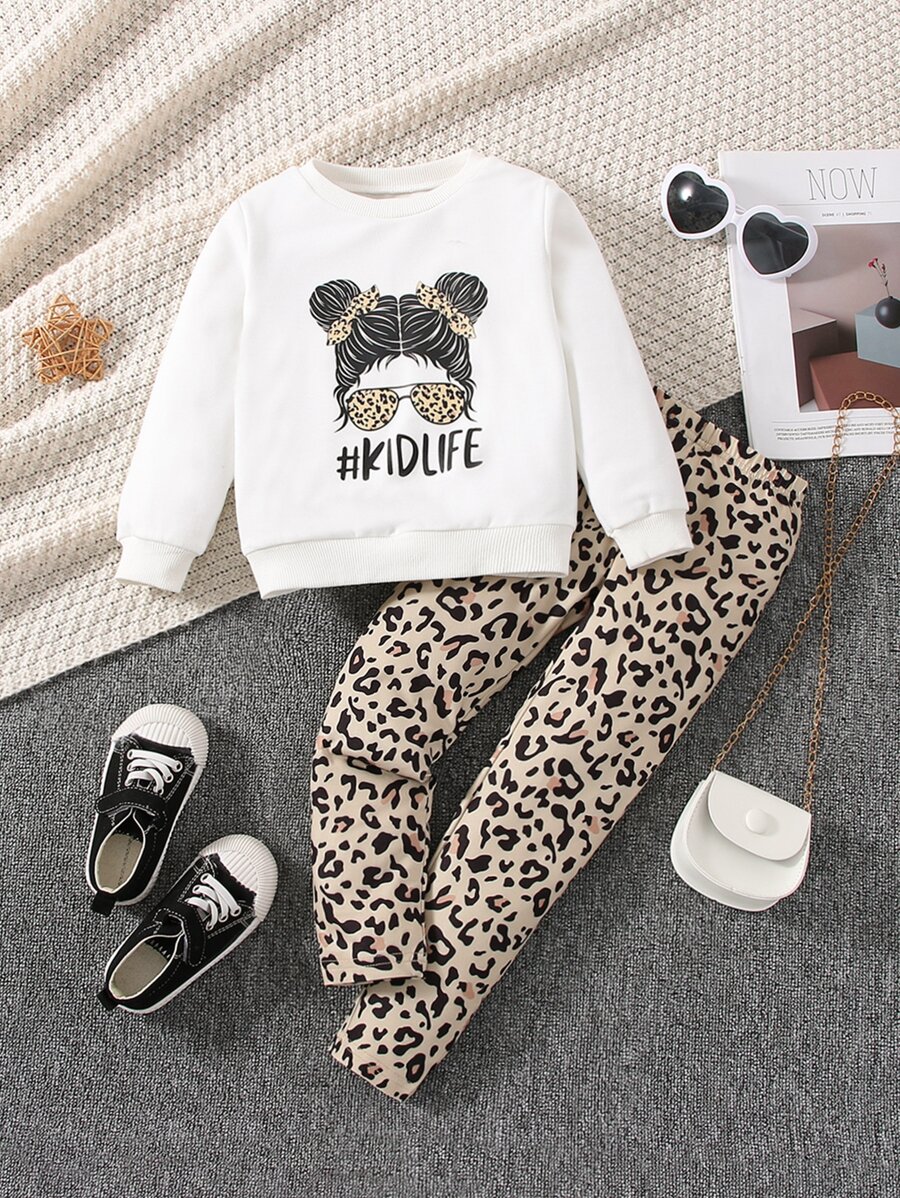 Toddler Girls Figure And Letter Graphic Pullover & Leopard Print Leggings