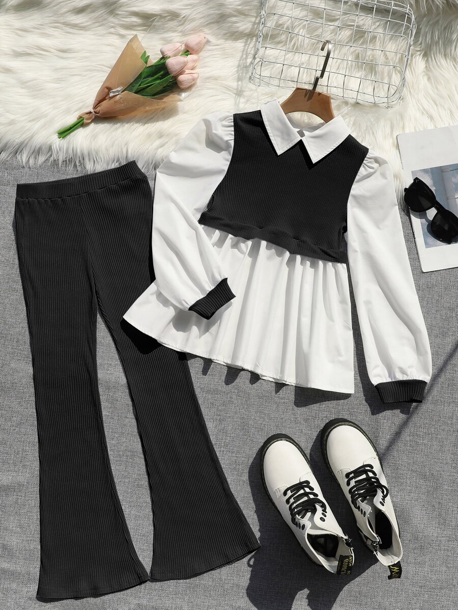 SHEIN Tween Girl Ribbed Knit Ruffle Hem 2 In 1 Blouse & Flare Leg Pants