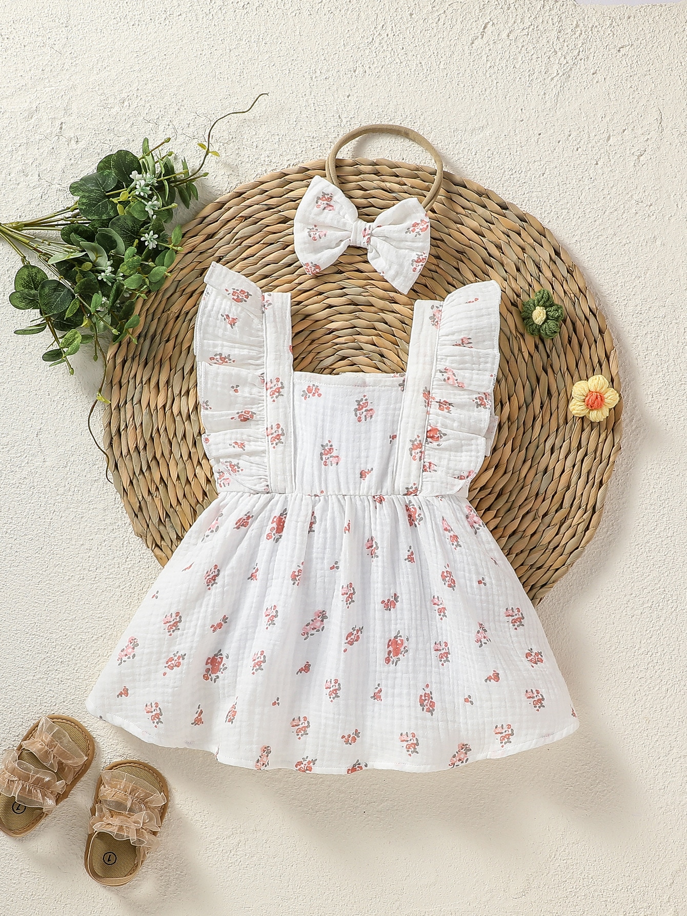 Newborn Baby Floral Print Ruffle Trim Dress & Accessory Headband