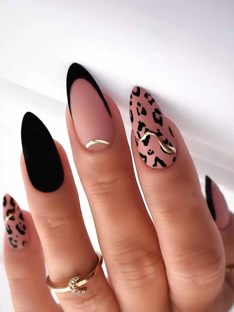 Upgrade Your Look With 24pcs Long Almond Black French Matte Leopard Golden Line Fake Nail & 1pc Nail File & 1sheet Tape Press On Nails Nail Supplies
