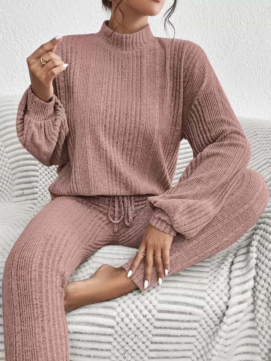 SHEIN Essnce Mock Neck Rib Knit Drop Shoulder Tee & Tie Front Pants