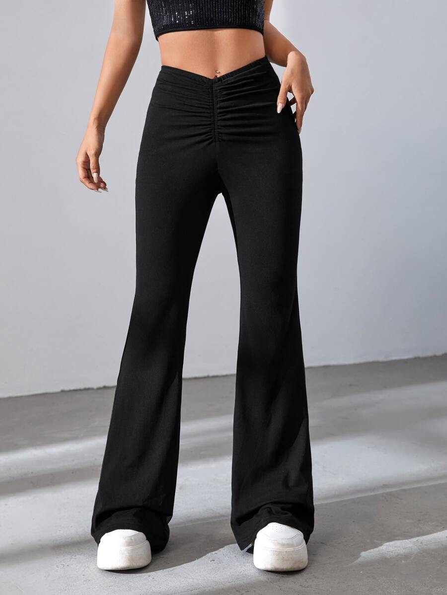 SHEIN EZwear Ruched Waist Flare Leg Black Pants