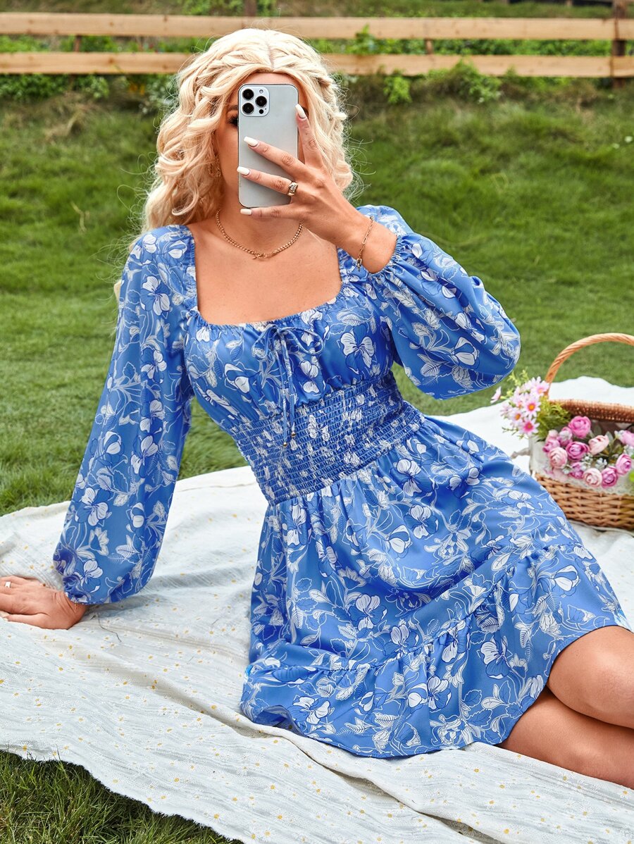 SHEIN VCAY Allover Floral Print Knot Front Shirred Lantern Sleeve Ruffle Hem Dress