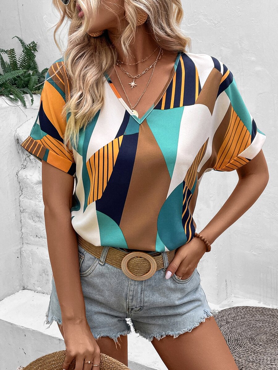 EMERY ROSE Bluse mit Streifen & Geo Muster, Fledermausärmeln