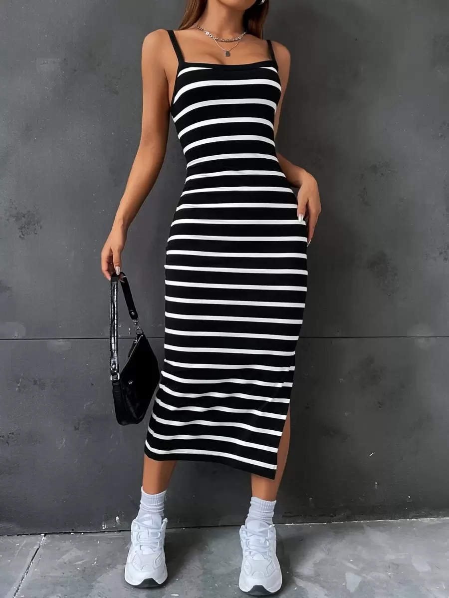 SHEIN EZwear Summer Striped Split Thigh Cami Dress