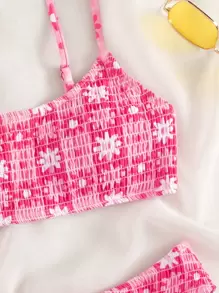 Swim Mod Summer Beach Floral Print Bikini Set Smocked Cami Top Hipster Bottom 2 Piece Bathing