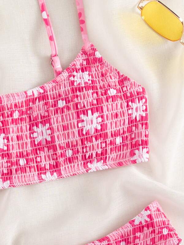 Shein Swim Mod Floral Print Bikini Set Smocked Cami Top Hipster Bottom Piece Bathing Suit