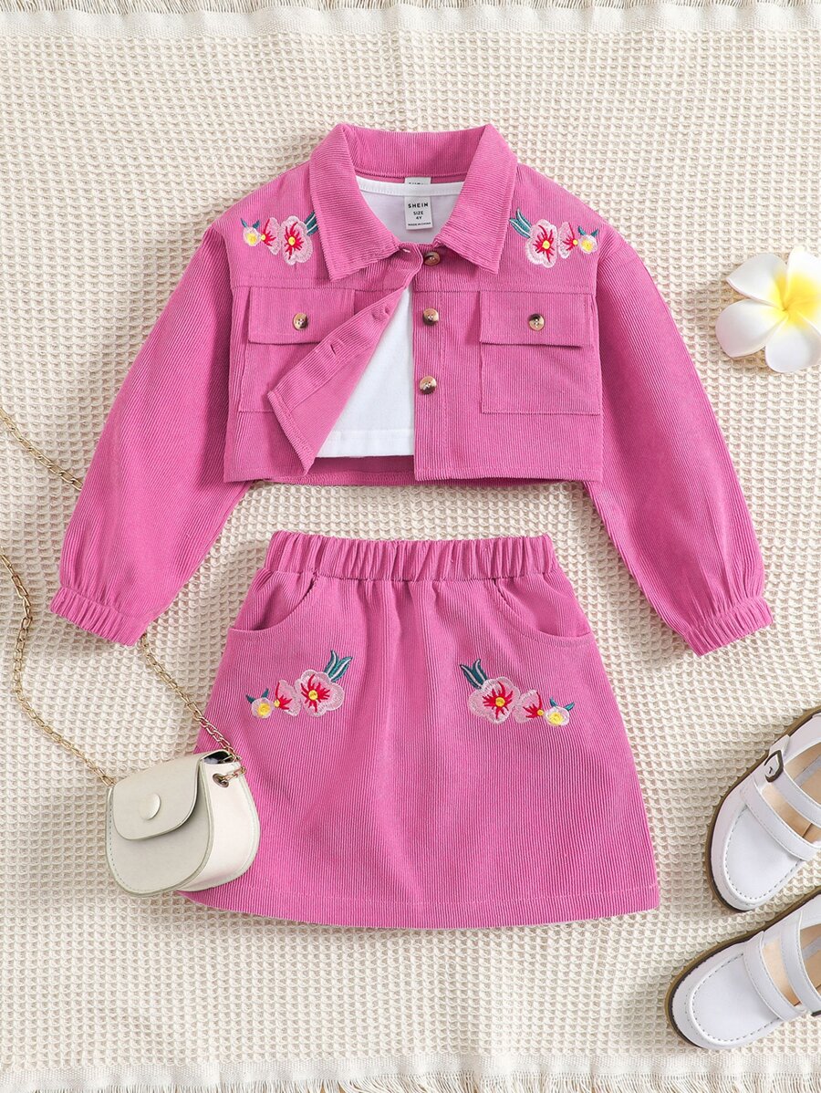 Young Girl Floral Embroidery Flap Pocket Jacket & Skirt & Tank Top
