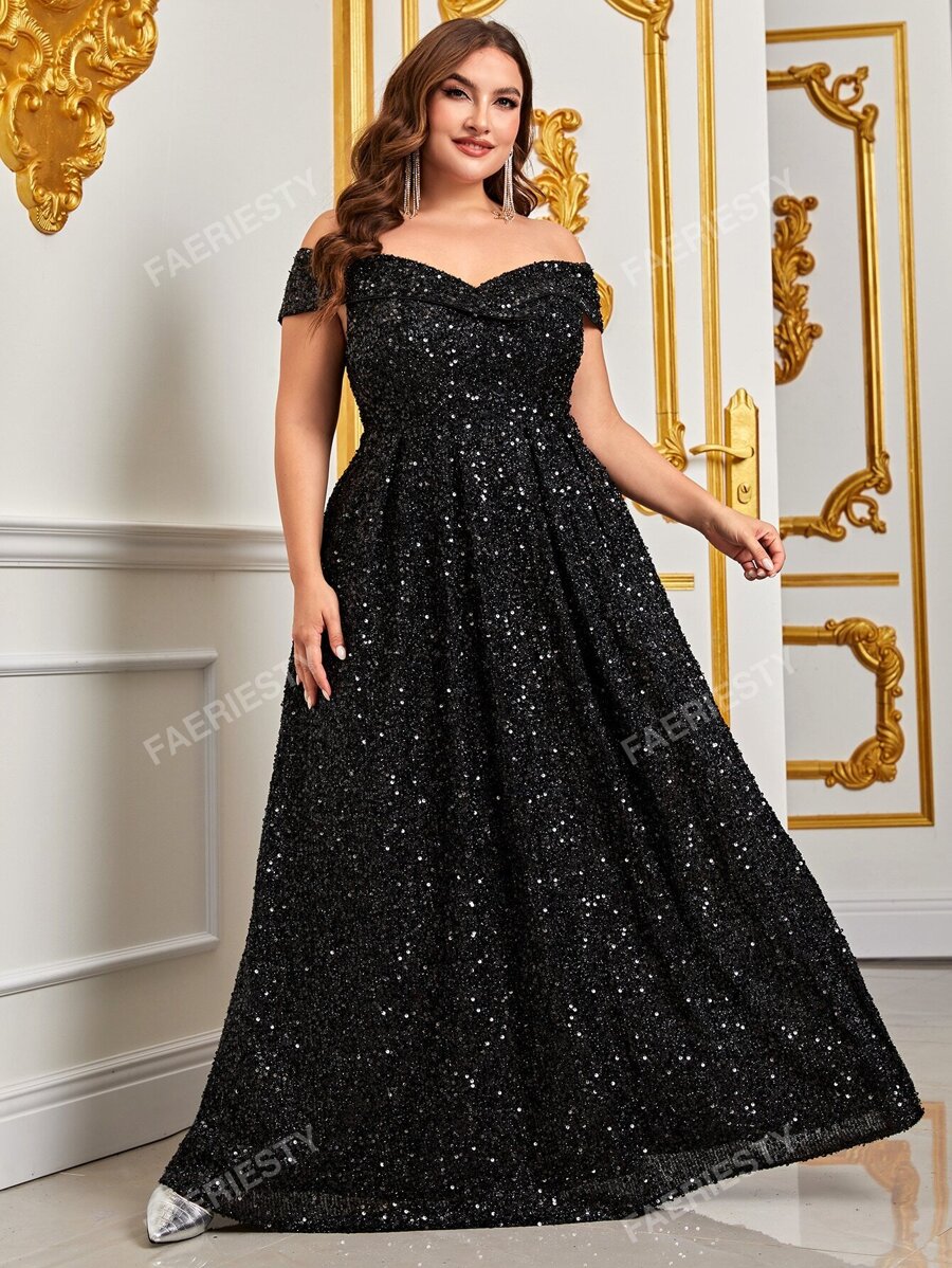 Faeriesty Plus Off Shoulder Sequin Formal Dress Black Elegant Prom Evening Wedding Guest Gown, For Graduation, Dinner Party Dress