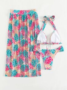 Shein Swim Vcay Tropical Print Bikini Set Halter Triangle Bra Hipster High Split Beach Skirt