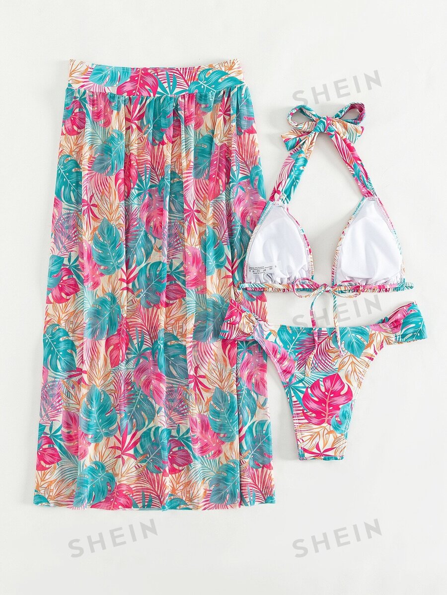 SHEIN Swim Conjunto De Bikini Con Estampado Tropical Sujetador Triangular De Atar Braguita Y