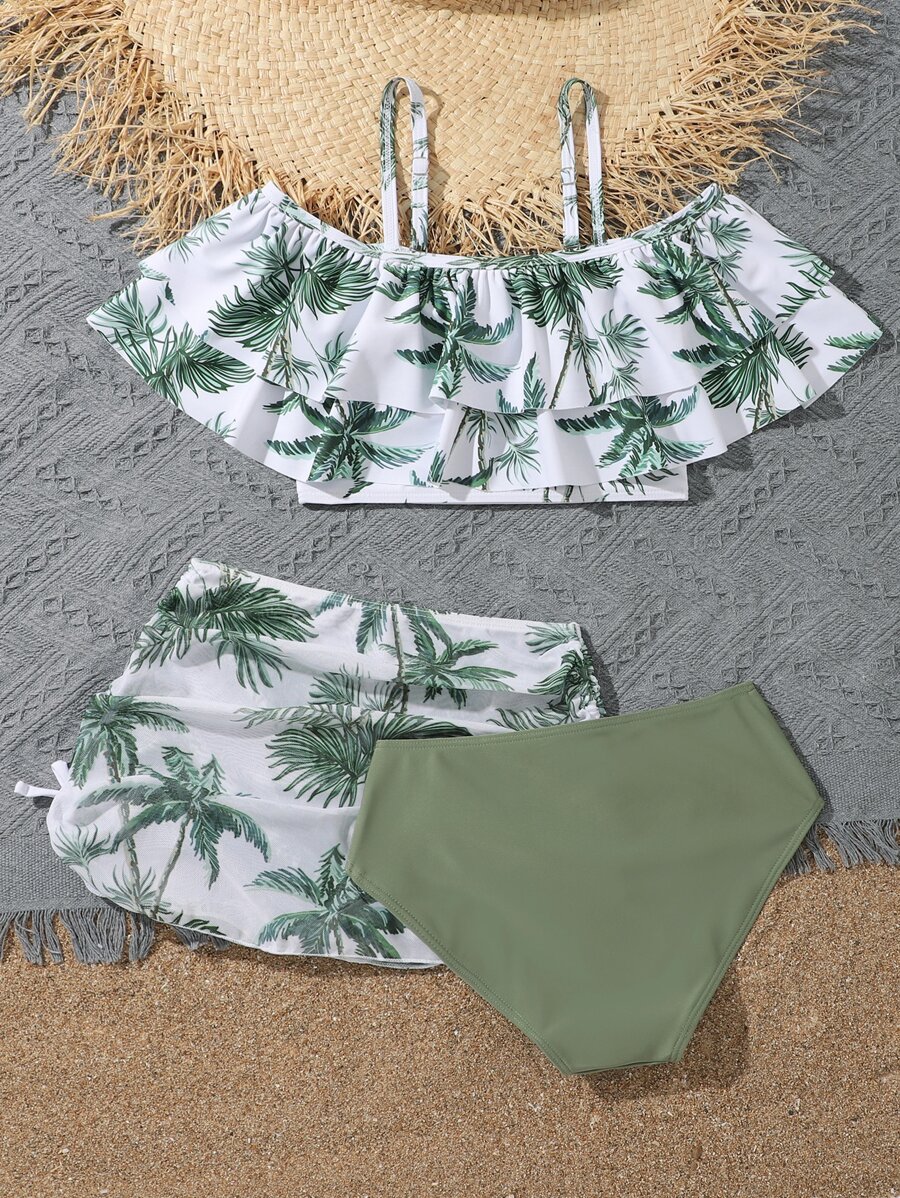 Tween Girl Tropical Print Ruffle Hem Bikini Set With Beach Skirt Summer Beach SHEIN USA