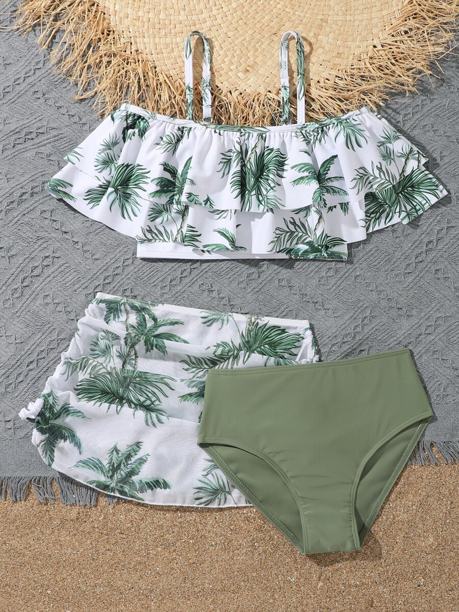 Tween Girl Tropical Print Ruffle Hem Bikini Set With Beach Skirt Summer Beach Shein Usa