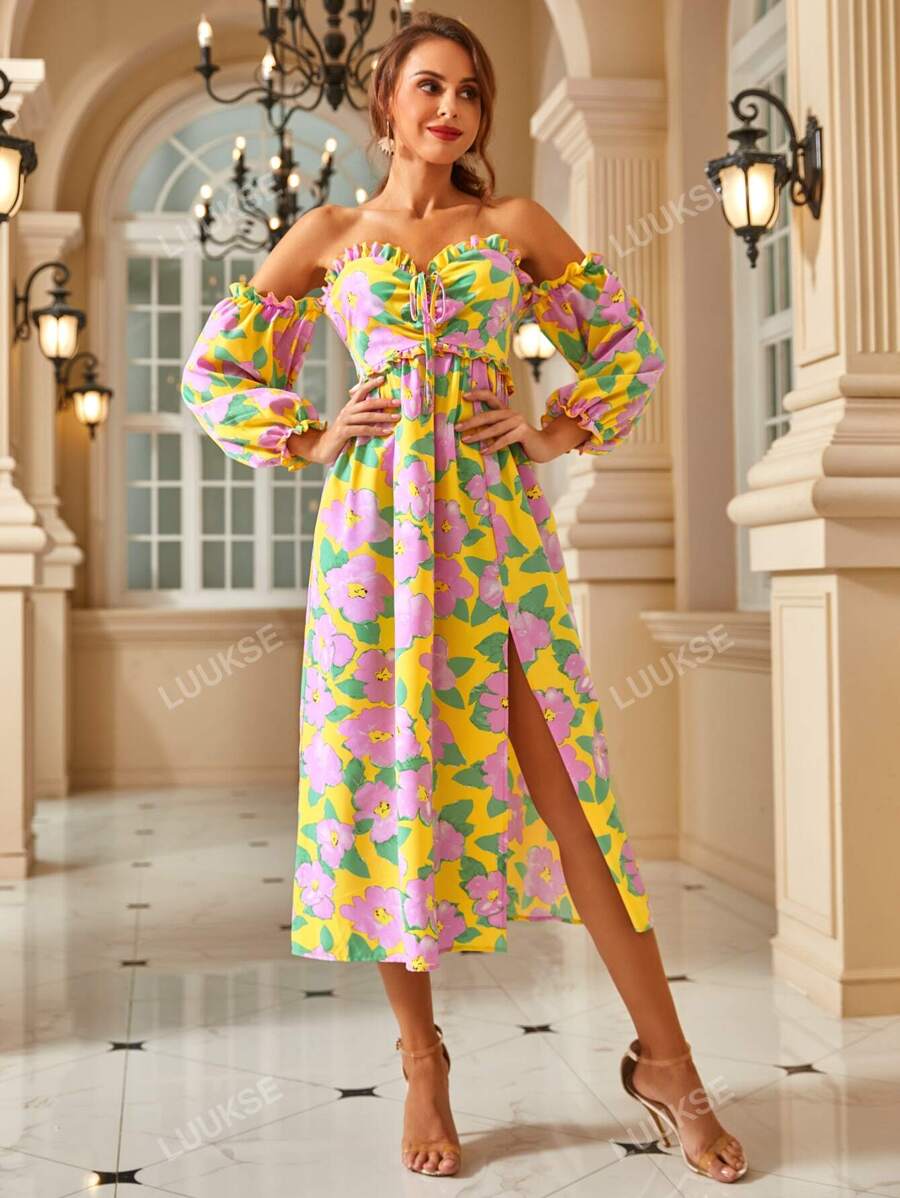 S BETRO Floral Print Off Shoulder Lantern Sleeve Ruched Bust Split Thigh Dress