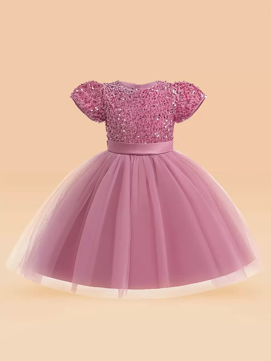 Young Girls Sparkle Mesh Puff Princess Dress, Flower Girls Wedding Party Elegant Dress, Does Not Include Headpiece