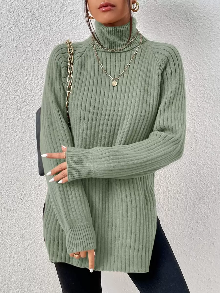 SHEIN Frenchy Green Grain Fabric Turtleneck Raglan Sleeve Split Hem Sweater