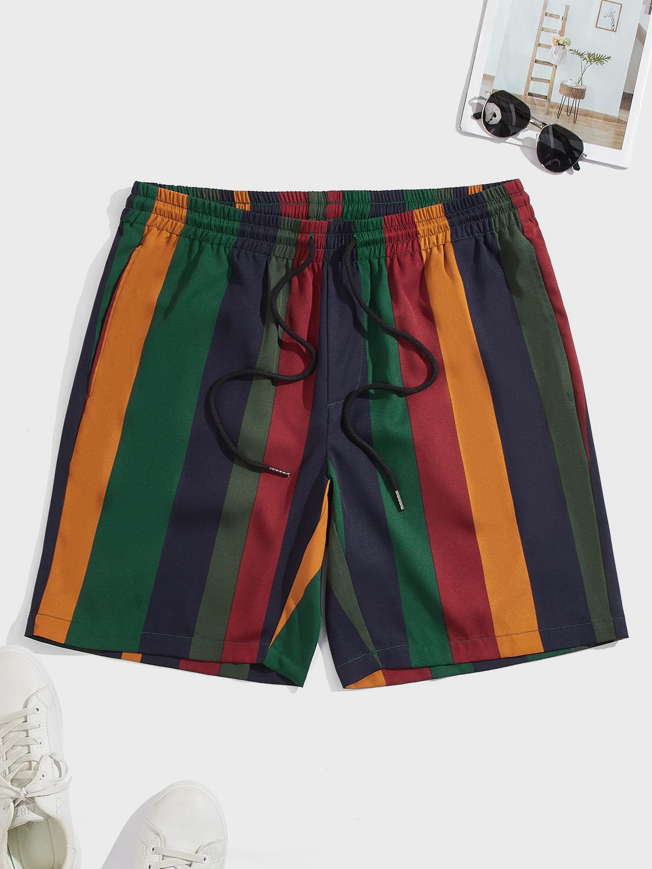 Manfinity VCAY Men Striped Print Drawstring Waist Shorts Baggy Cool Stripe Colorful Vacation Boho