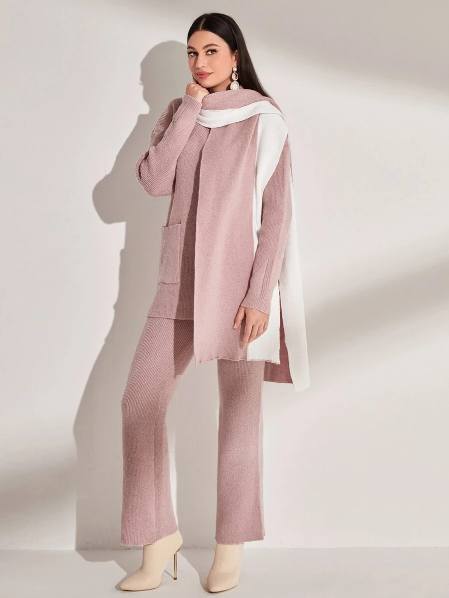 Modelyn Ribbed Knit Drop Shoulder Sweater & Knit Pants With Shawl
