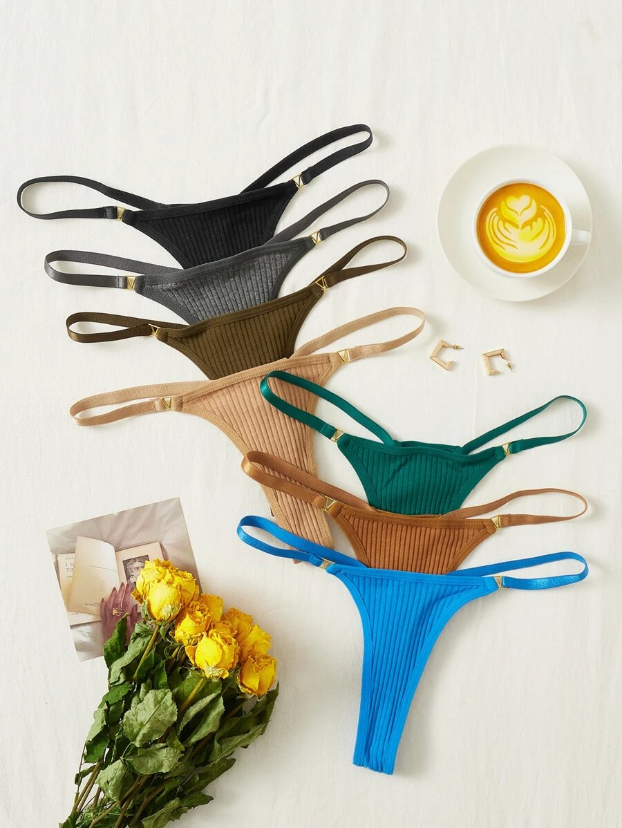 Shein Underwear&Sleepwear Basics 7 paquetes Tanga de punto acanalado sexy