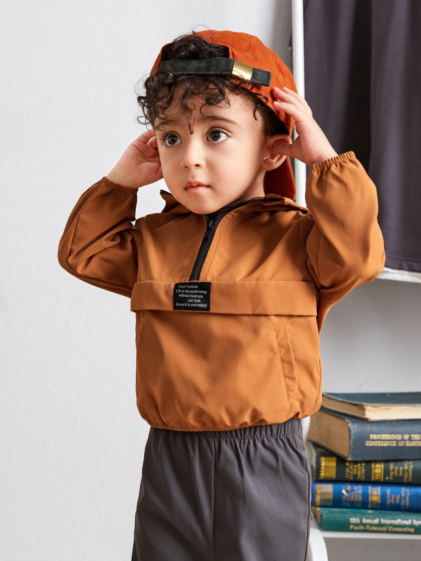 SHEIN Baby Boy Patch Detail Half Zip Hooded Jacket