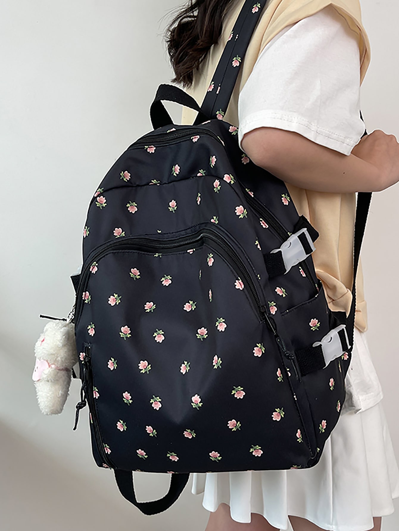 Ditsy Floral Print Functional Backpack With Cartoon Charm School Bag