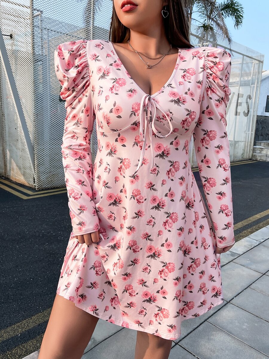 SHEIN VCAY Plus Floral Print Gigot Sleeve Knot Front Dress