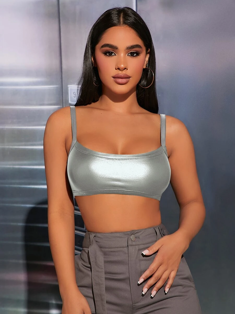 SHEIN PETITE Solid Crop PU Cami Top