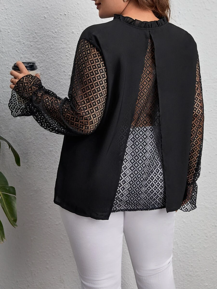 SHEIN Privé Plus Contrast Lace Flounce Sleeve Frilled Neck Blouse