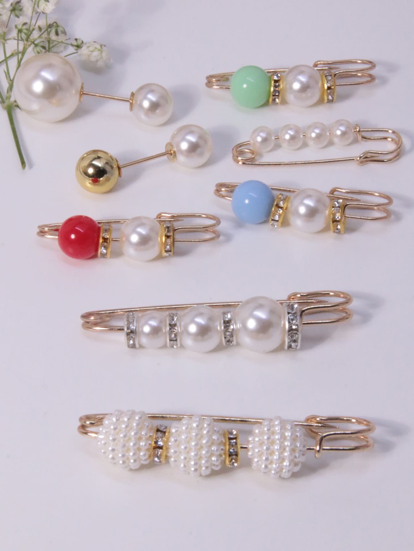 8pcs/Set Women Scarf Faux Pear Decor Lapel Anti-Slip Fastener,Clothes Skirt Waistband Pants Tighten Buckle Brooches Safety Pin,No Sewing Needed,Adjustable Waistband,Pearl Brooch For Daily Use