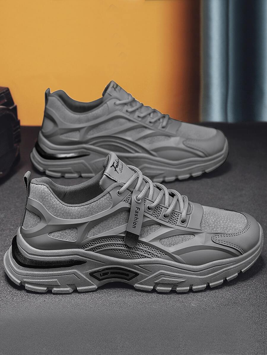 Men Letter Patch Decor Lace-Up Front Chunky Sneakers, Grey Letter Detail Chunky Sneakers