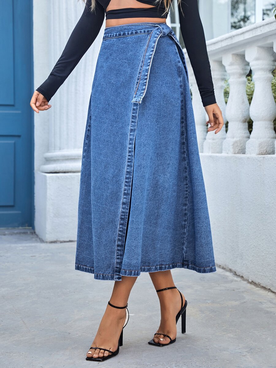 SHEIN Essnce Tie Side Wrap Denim Skirt