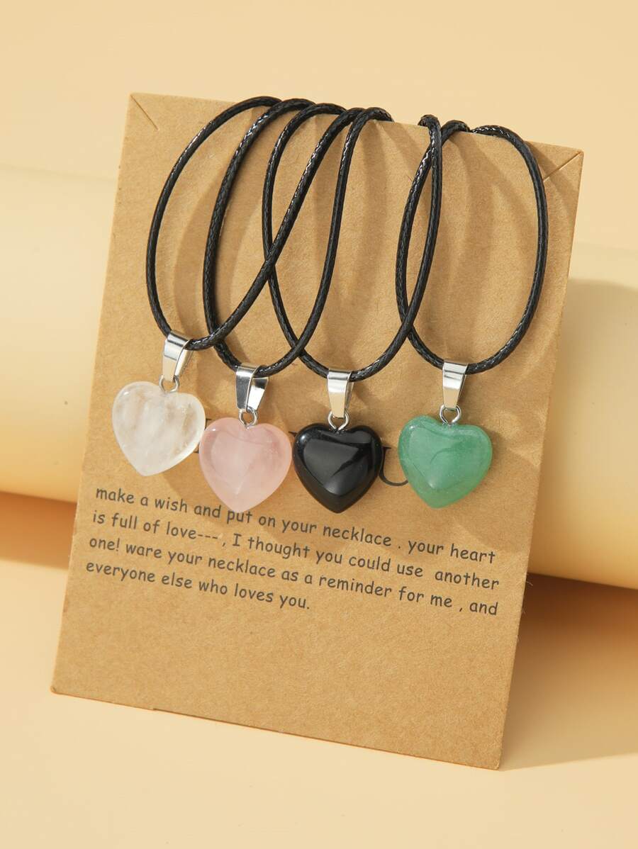 4pcs Multicolor Heart Shaped Green Dongling Crystal Glass Stone Heart Couple Necklace, Women's Daily Wear Valentines