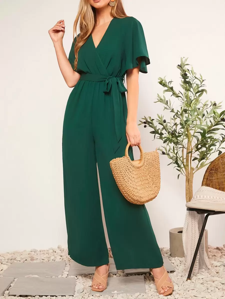 SHEIN Clasi Summer Belted V-Neck Polka Dot Printed Jumpsuit For Casual Or Rural Occasions Women Rompers