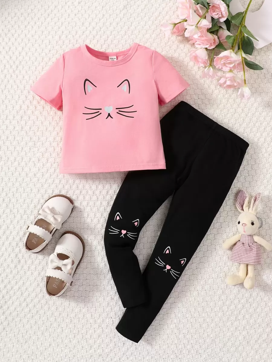 SHEIN 2pcs Set Young Girl Casual Cat Print Short Sleeve T-Shirt And Black Cat Print Pants, Comfortable Cotton Spring Summer Outfits,Holiday,Summer,Travel