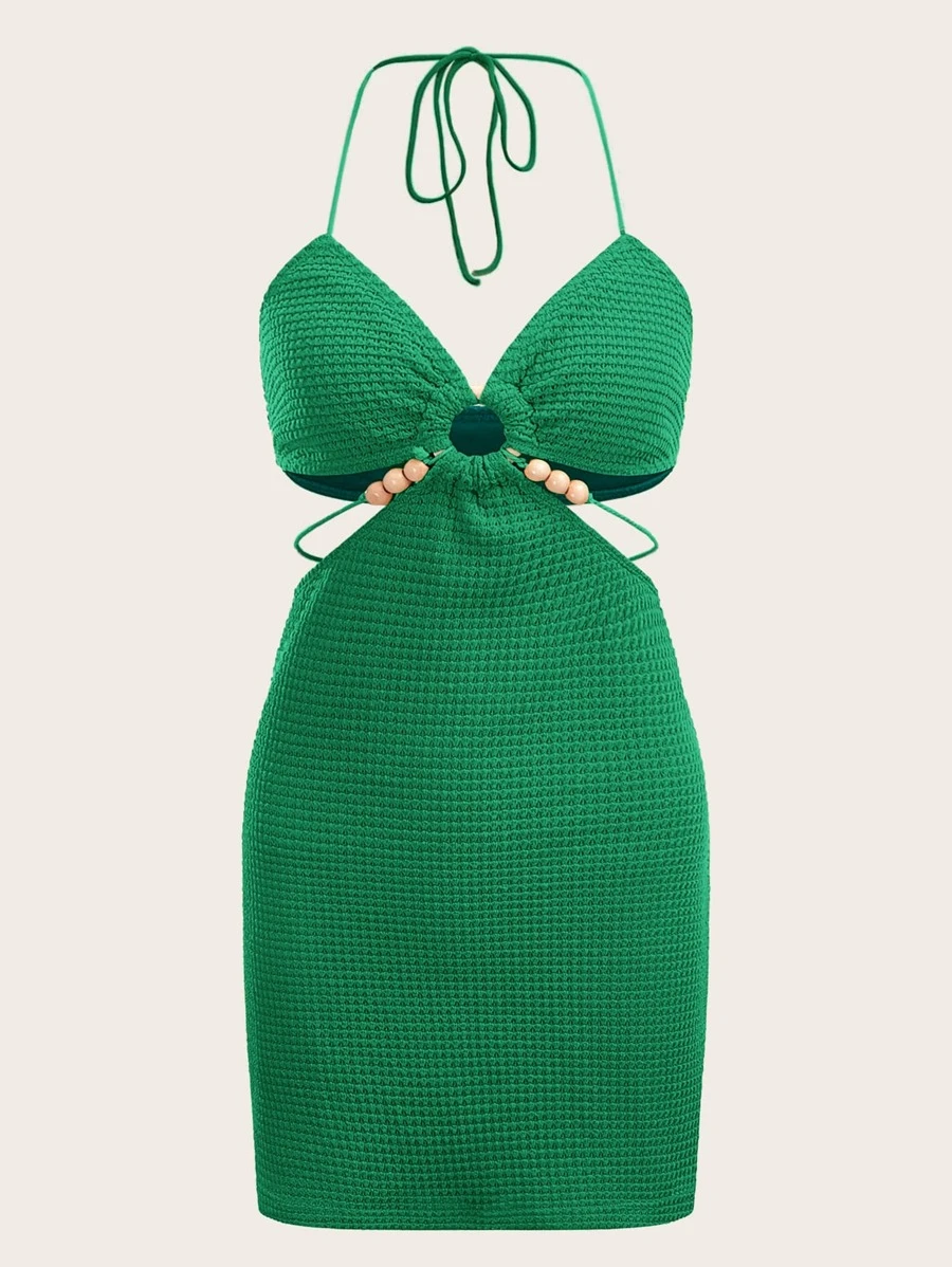 SHEIN ICON Vestido halter vinculado con aro con diseño de cuenta con fleco de espalda abierta con cordón