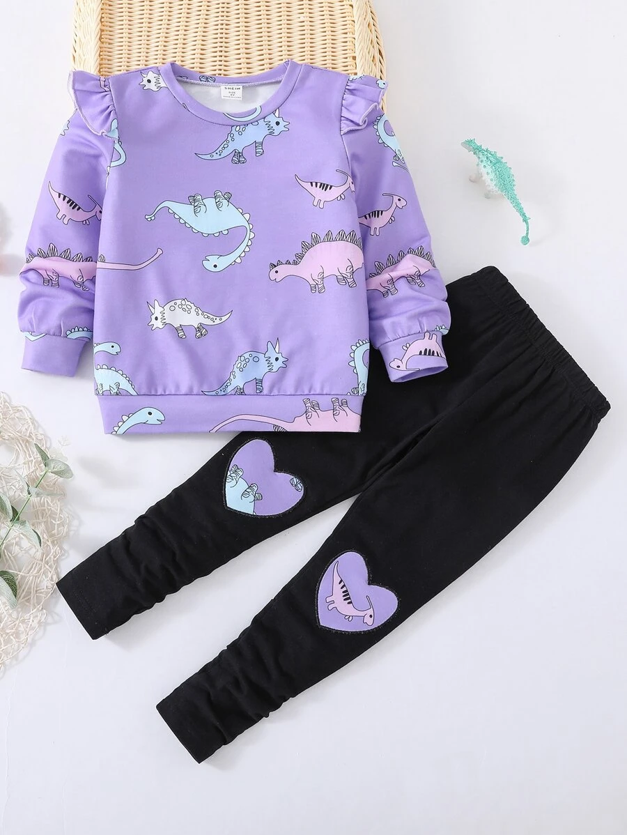 SHEIN Suéter Com Babados E Estampa De Dinossauro E Legging Com Estampa De Coração Para Meninas Jovens