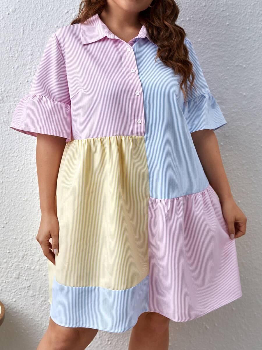SHEIN EZwear Plus Colorblock Flounce Sleeve Ruffle Hem Smock Dress Pastel Dress