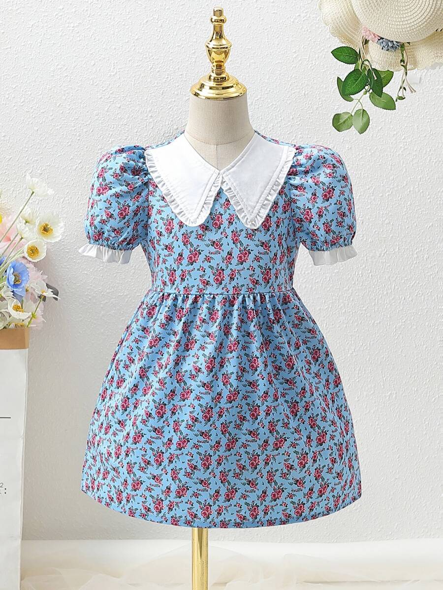 SHEIN Toddler Girls Allover Floral Print Contrast Collar Puff Sleeve Dress