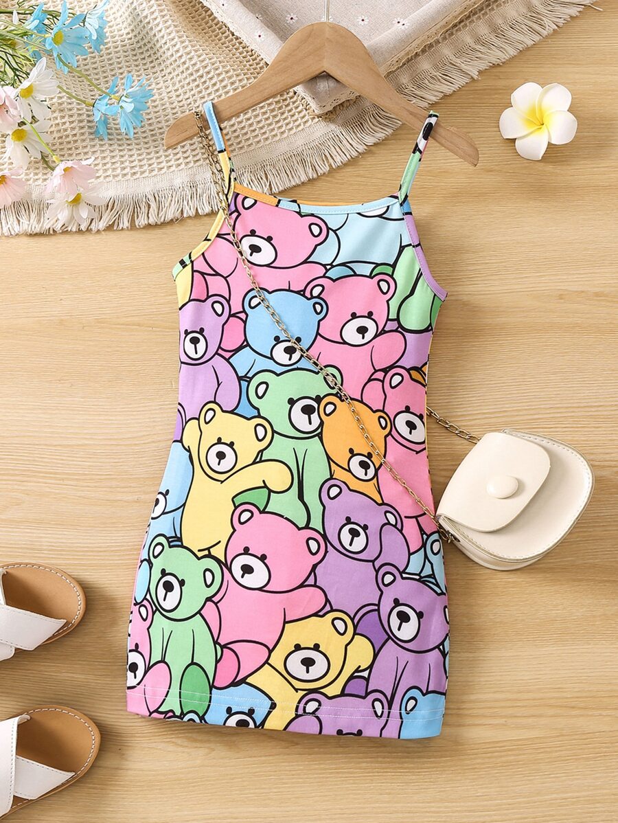 Vestido sin mangas adorable para niña joven con osito de dibujos animados en colores brillantes y tirantes para primavera y verano