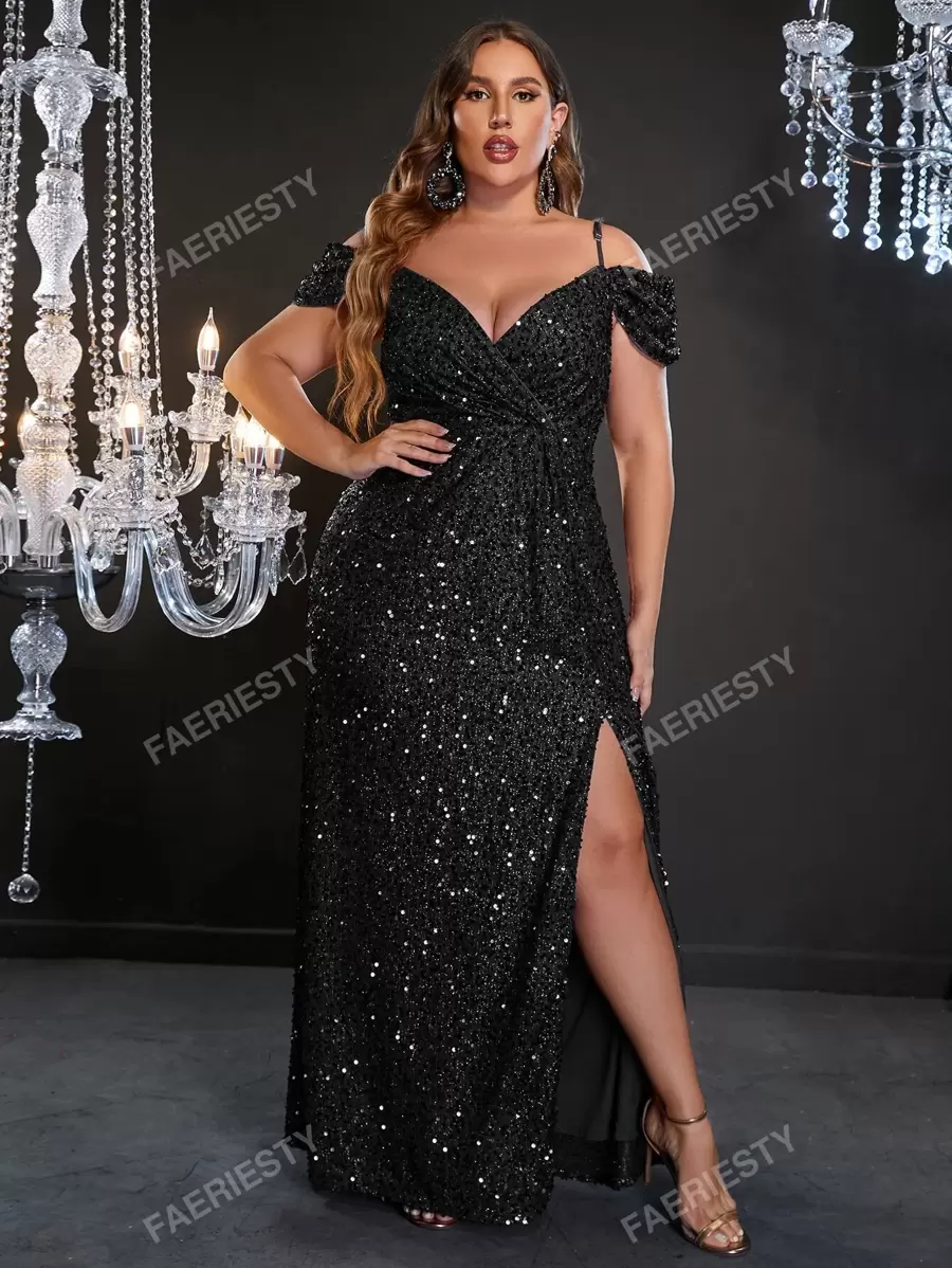 Plus Off Shoulder Split Thigh Sequin Formal Dress Black Elegant Prom Evening Wedding Guest Gown, For Graduation, Dinner Party Dress