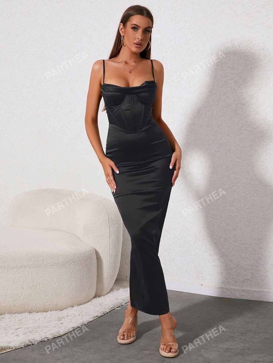 PARTHEA Boning Underwire Draped Collar Split Backless Satin Cami Dress