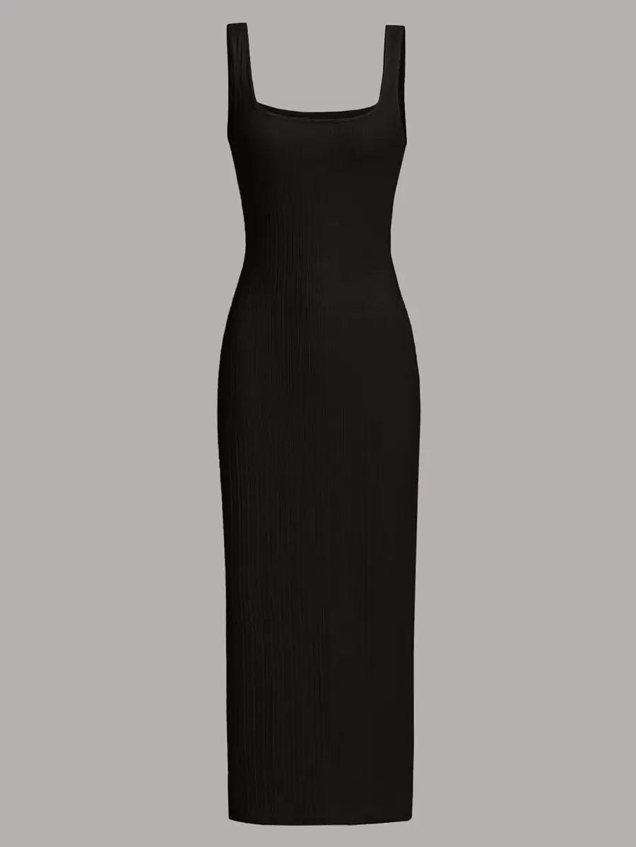 SHEIN MOD Women's Solid Color Square Neck Ribbed Long Tank Dress, Casual,Summer Dresses For Women