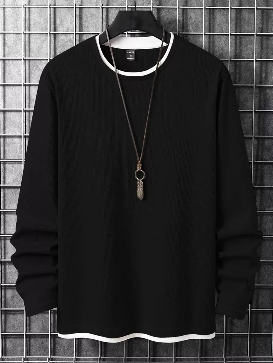 Manfinity Homme Men Solid Waffle Knit 2 In 1 Tee, Men Long Sleeve Top