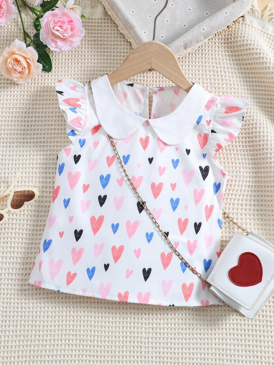 SHEIN Blusa Branca Com Estampa Em Formato De Coração Para Jovem, Gola Redonda E Mangas Com Babados Para O Verão