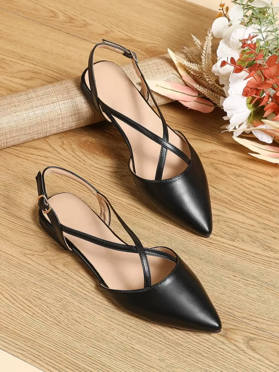 Zapatos planos minimalistas con punta en punta, zapatos planos de color sólido con hebilla negra para mujer elegante, mocasines