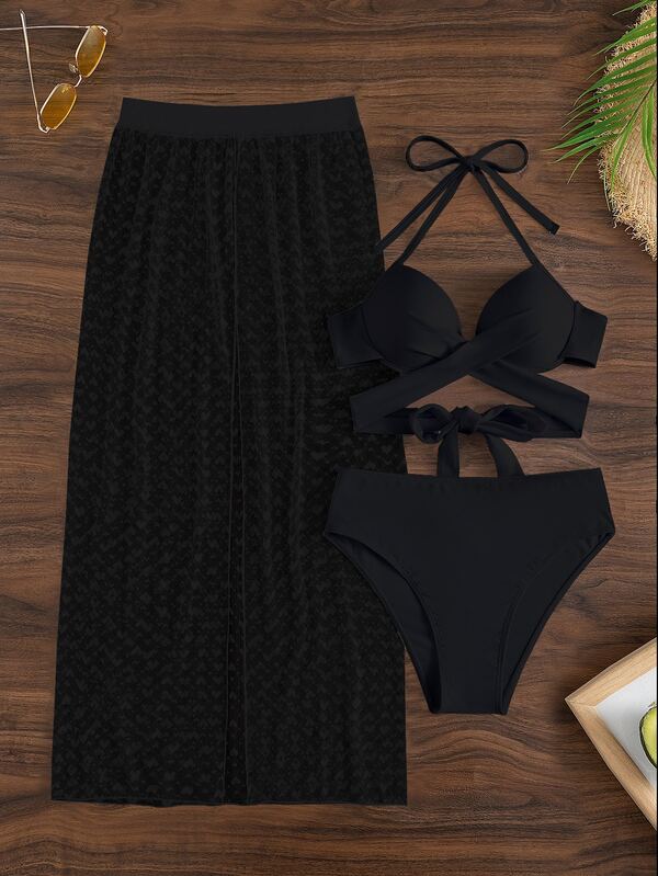 Shein Swim Basics Conjunto De Bikini Liso Sujetador Push Up Con Lazo Cruzado En La Espalda Y